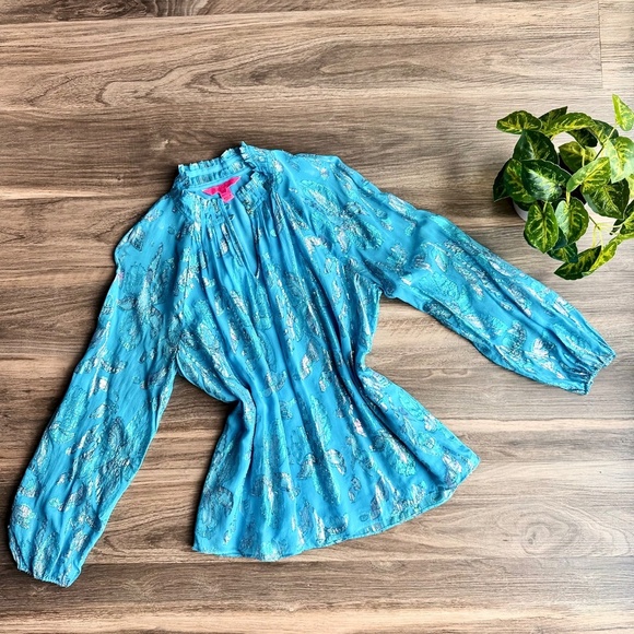 Lilly Pulitzer Galiana Ocean Breeze Multi Flora Metallic Clip Silk Blouse Size S - Picture 12 of 14